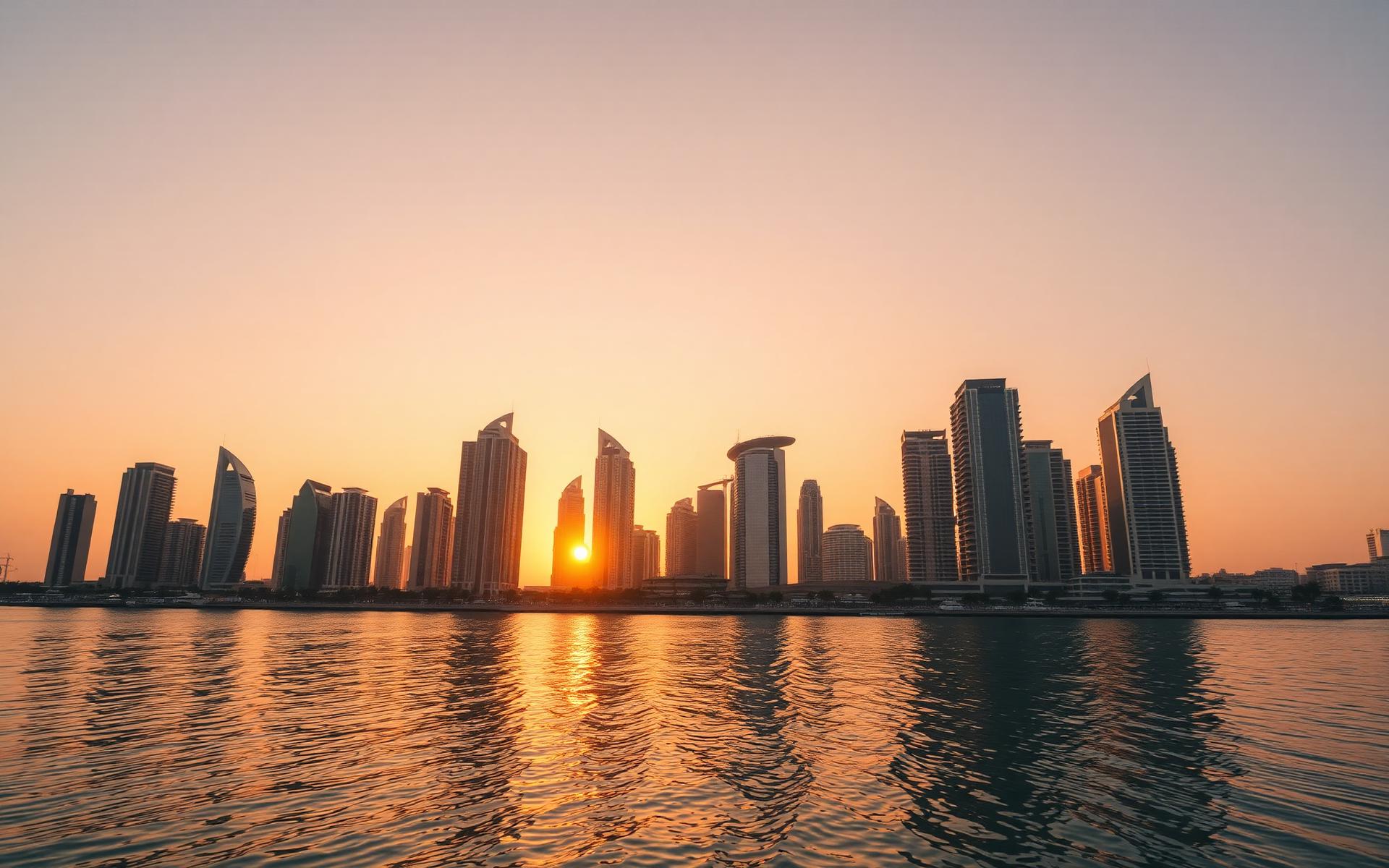 Dubai Marina skyline at golden hour
